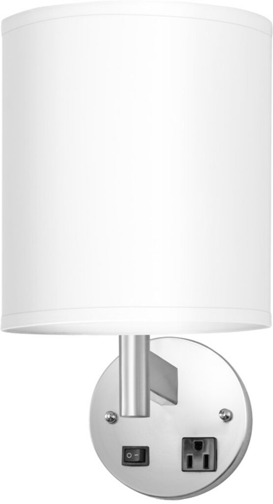 Wall-mounted sconce with outlet for convenient bedside lighting and power access.
