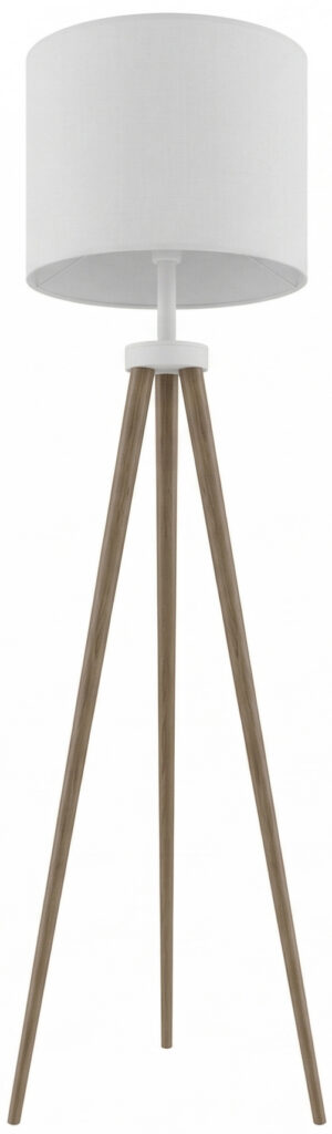 Elegant walnut tripod floor lamp with white drum shade for modern interior lighting.