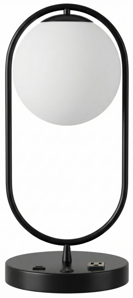Oval Globe Table Lamp with USB charging port in matte black finish.