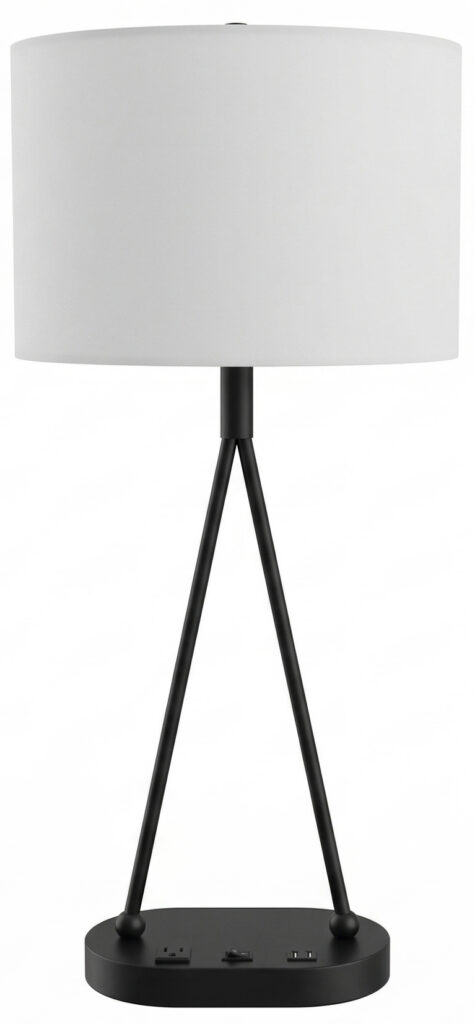 Elegant matte black tripod table lamp with drum shade, featuring 1 outlet, USB-A, and USB-C ports.