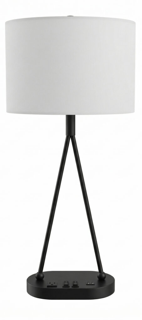 Modern matte black tripod table lamp with USB-A and USB-C charging ports.