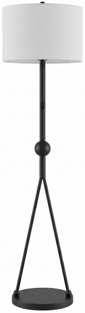 Modern matte black tripod floor lamp with sphere detail and drum shade for stylish lighting.
