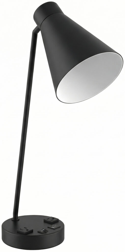 Modern matte black angled desk lamp with USB-A, USB-C, and power outlets.