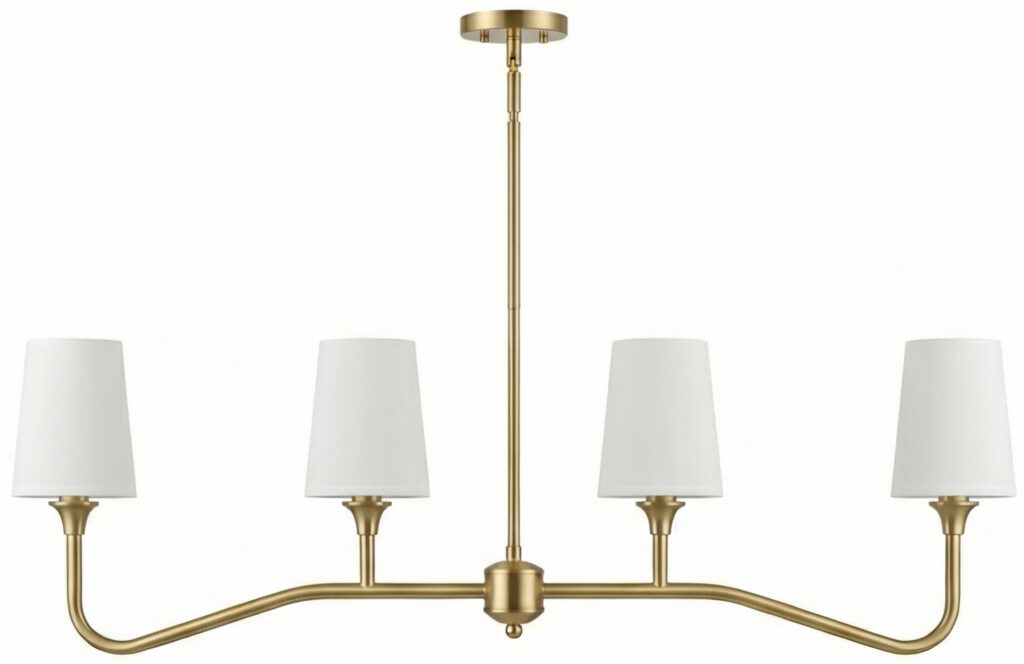 Elegant brushed brass 4-light chandelier with curved arms for modern lighting.