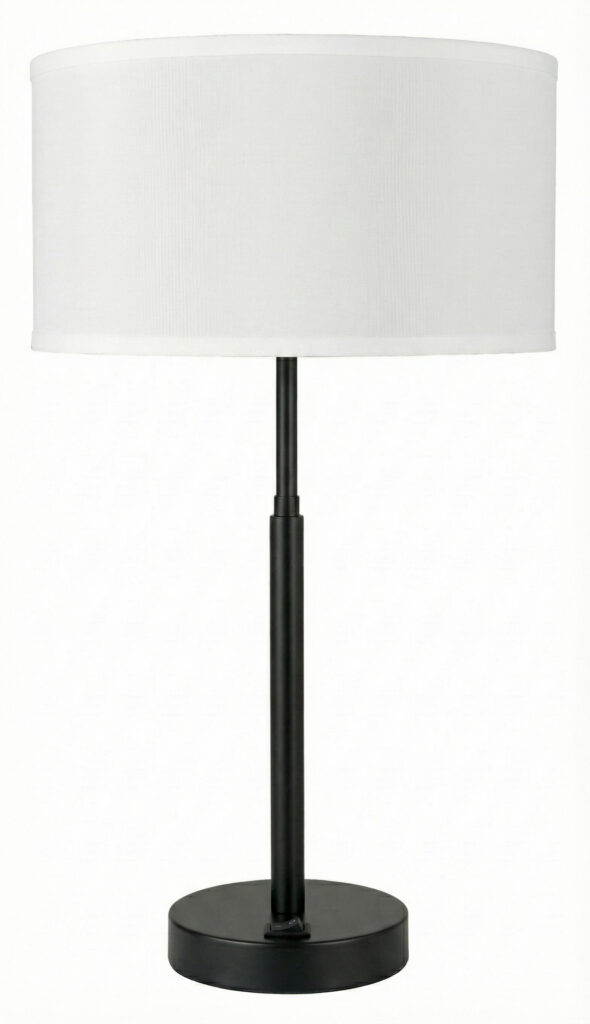 Matte black wide-drum desk lamp for modern workspace lighting. Perfect for stylish, functional offic.