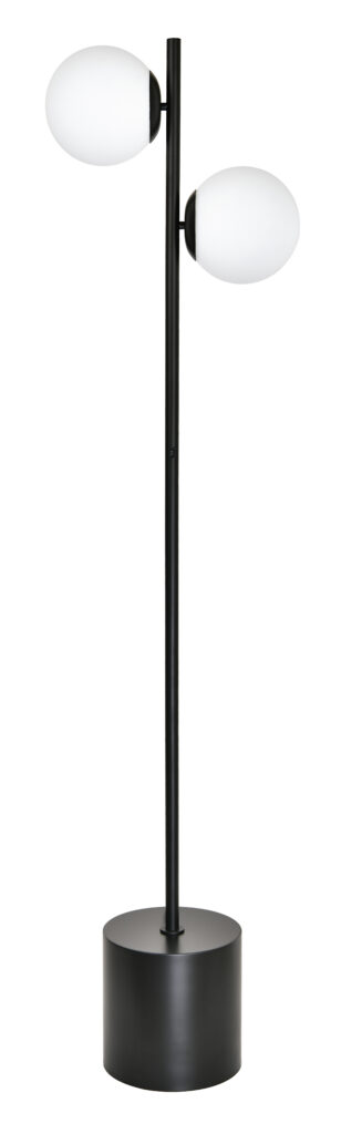 Elegant matte black globe floor lamp with dual spherical shades for modern lighting.