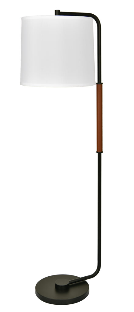 Elegant matte black and leather-wrapped bent-arm floor lamp for modern interiors.