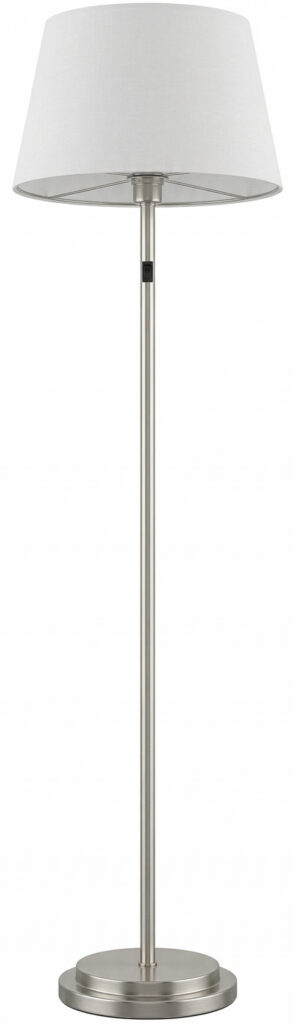 Floor lamp with brushed nickel finish and tapered round shade for elegant lighting.