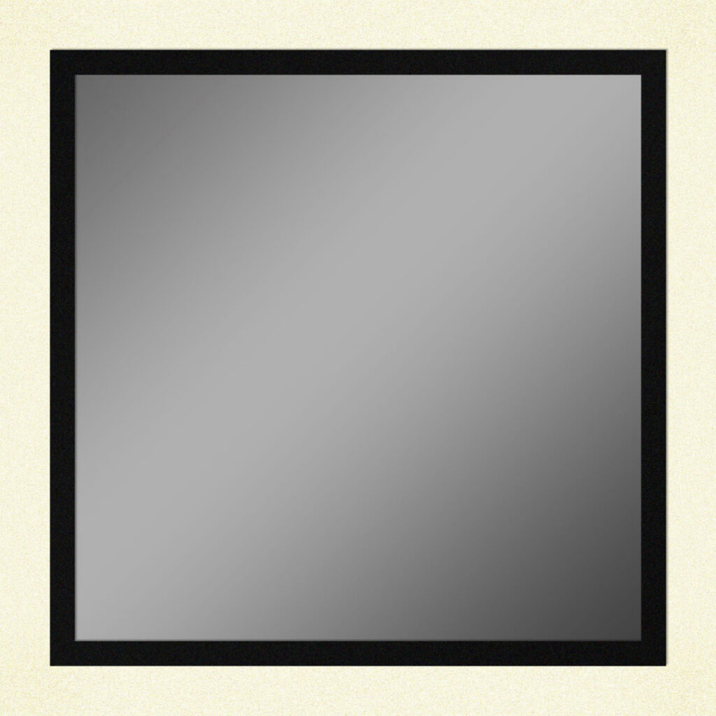 LED backlit mirror with black inner frame for modern bathroom decor.