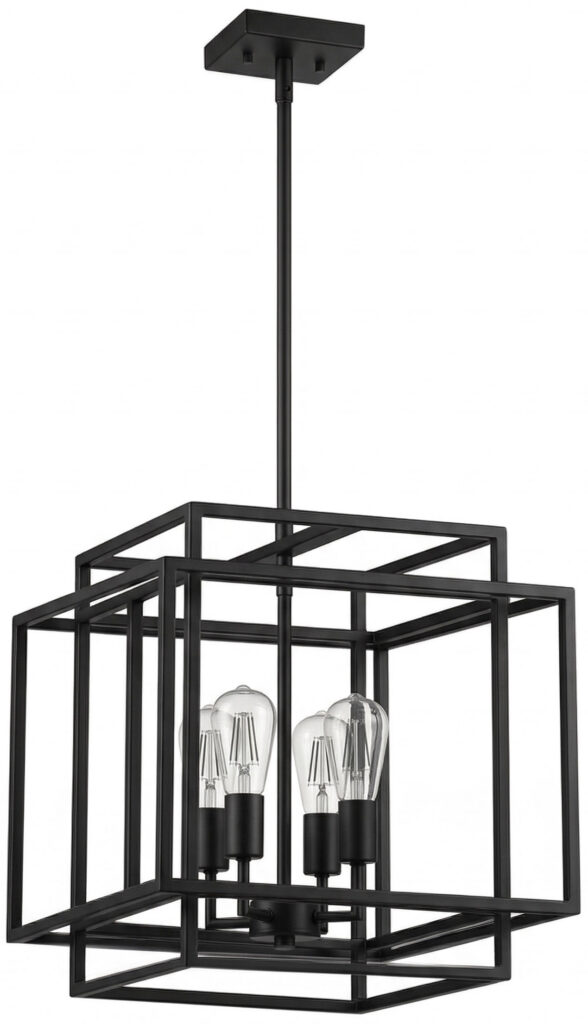 Pendant light with matte black nested cube design for modern interiors.