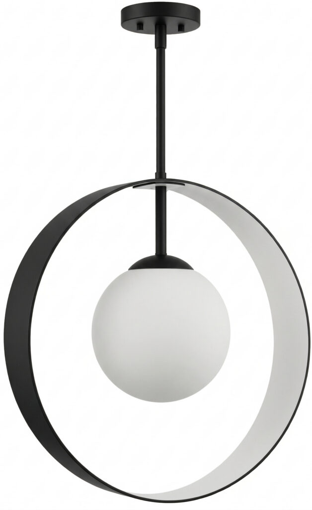 Matte black ring and globe pendant light, modern industrial design for stylish interior lighting.