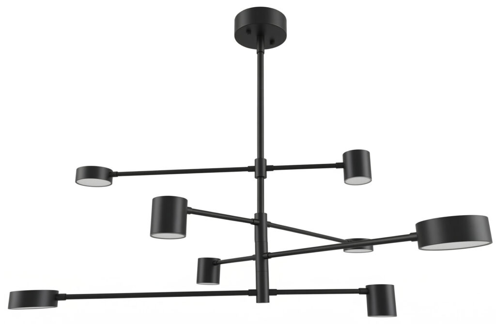Matte black 8-light multi-arm chandelier for modern interior lighting. Perfect for stylish dining ro.