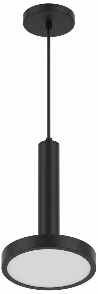 Pendant light with matte black finish and modern cylinder-to-disc design.