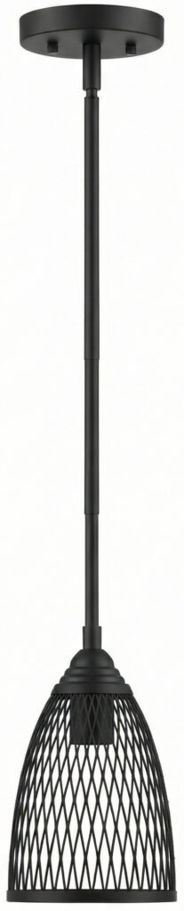 Pendant light with matte black netlike shade for modern interior lighting.