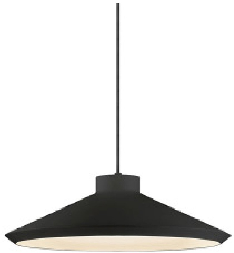 Black flat cone pendant light with sleek design, ideal for contemporary lighting solutions.