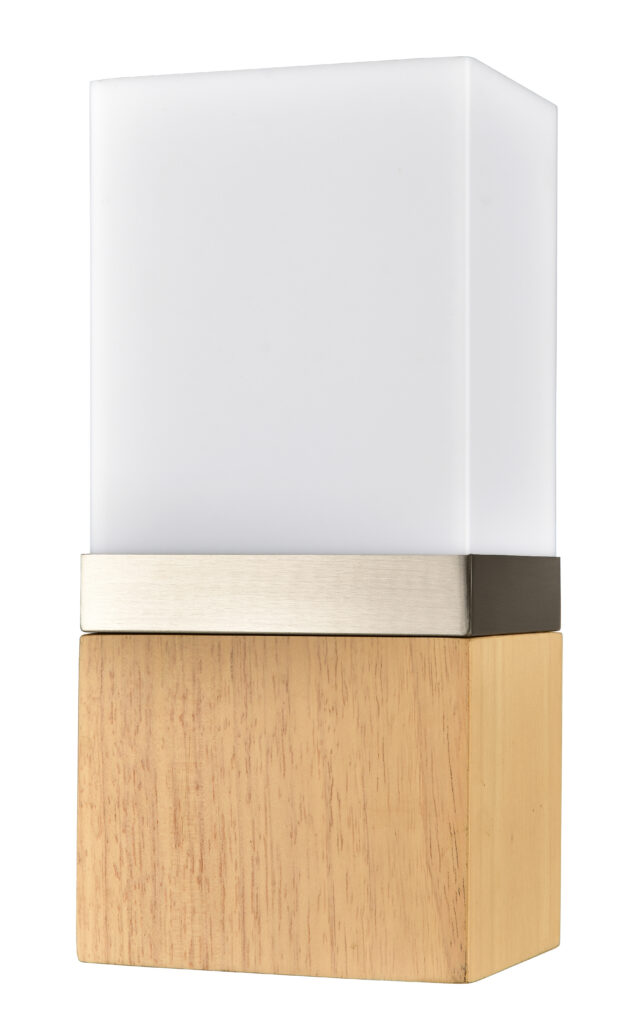Danish Maple and brushed nickel wall sconce with modern block design.
