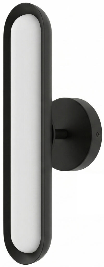LED wall sconce in matte black finish with sleek pill-shaped design.