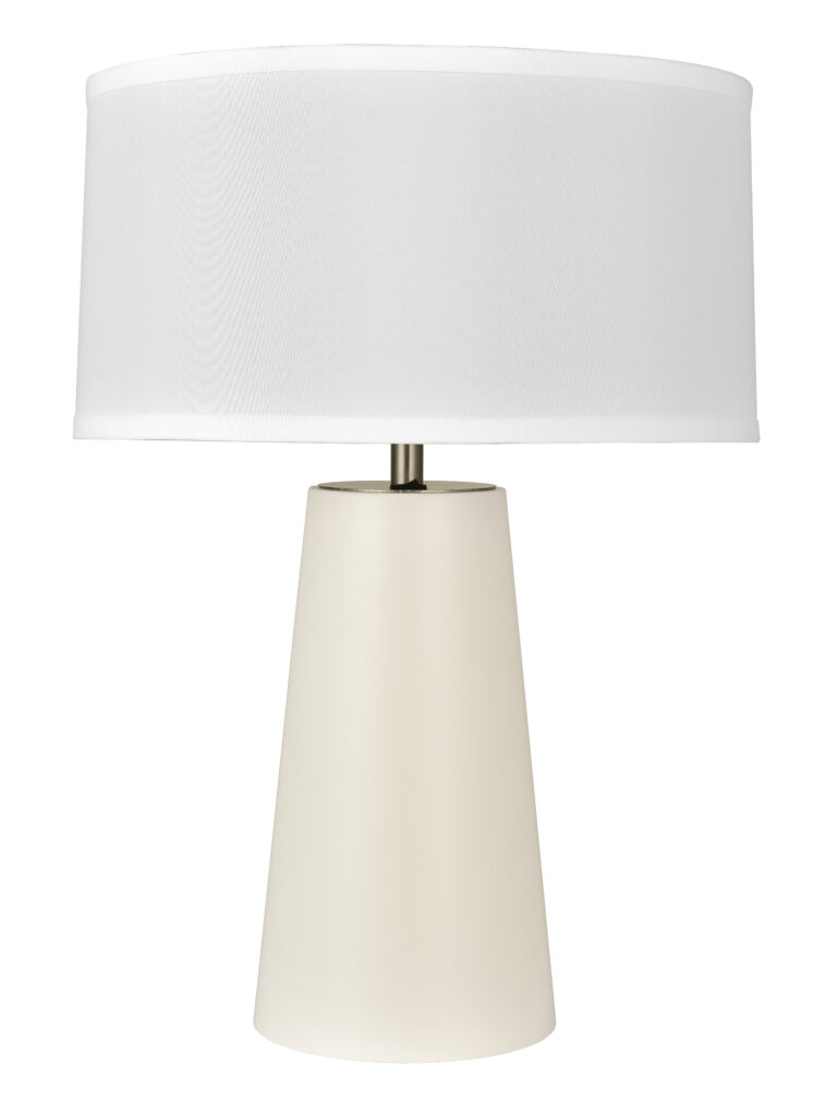 Tapered column table lamp with white finish, ideal for modern interior lighting.