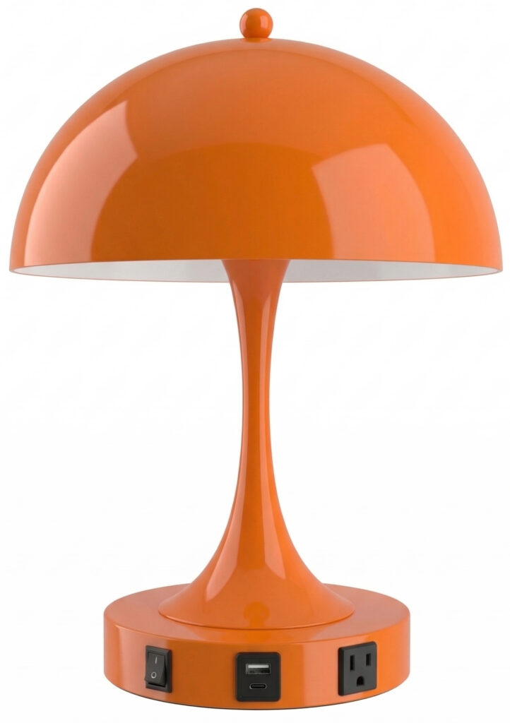 Modern orange dome table lamp with built-in USB-A, USB-C, and power outlet for versatile use.