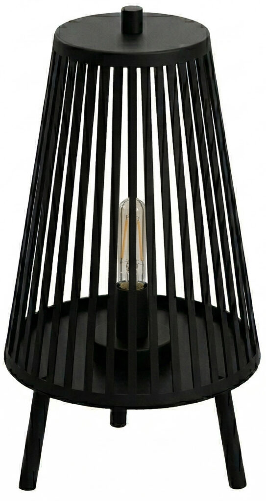 Modern matte black open-slat cone table lamp for stylish lighting.