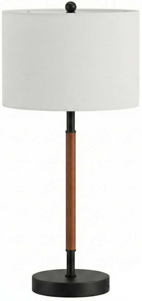 Modern matte black and leather-wrapped drum table lamp for stylish home decor.