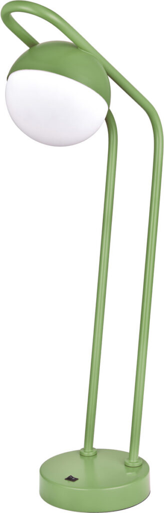 Green arc desk lamp with modern design for workspace illumination.