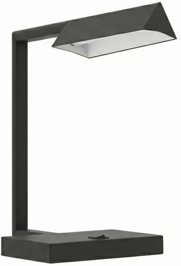Angular LED desk lamp in matte black finish for modern workspace lighting.