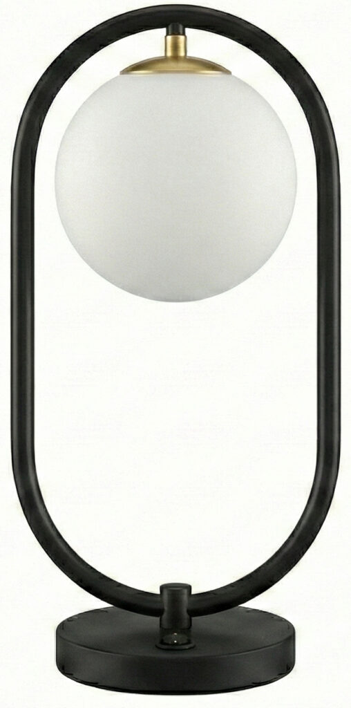 Elegant matte black and satin brass table lamp featuring a spherical acrylic shade. Perfect for mode.