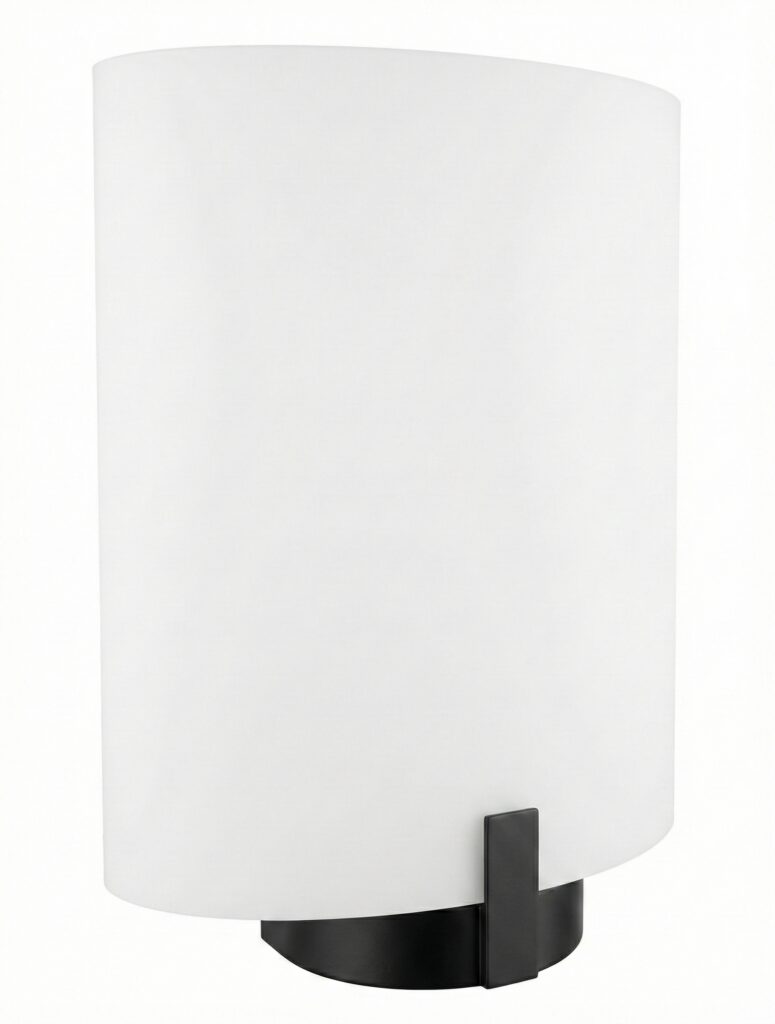 Frosted acrylic corridor sconce with black mounting, ideal for modern lighting solutions.