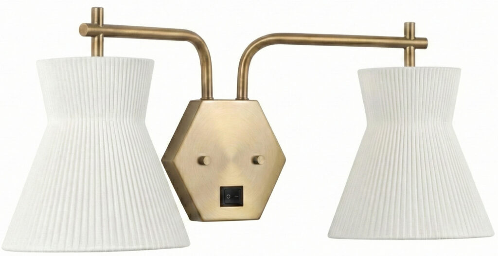 Antique brass wall sconce with double pleated fabric shades, ideal for vintage or classic interior l.
