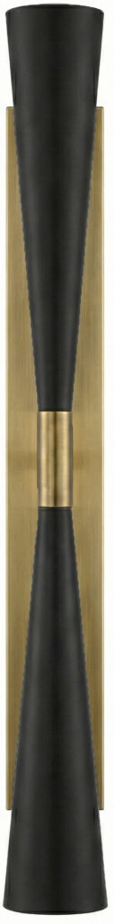 Elegant antique brass and matte black double-arm corridor sconce for stylish lighting.