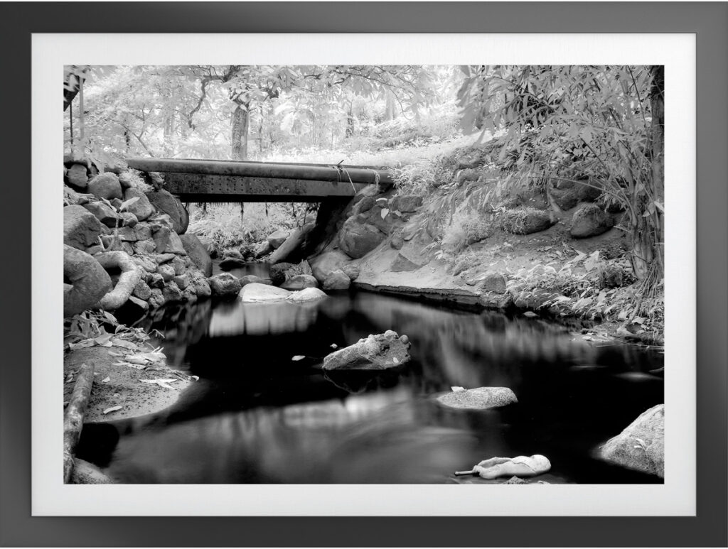 Black and white landscape artwork of a stream with rocks and trees, framed in black.