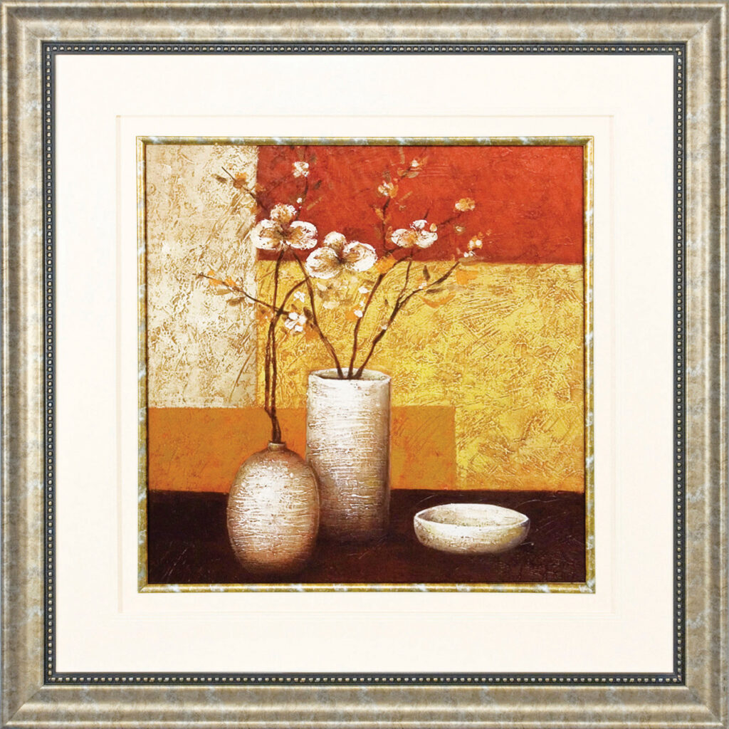 Elegant autumn-themed square artwork featuring floral arrangements in vases.