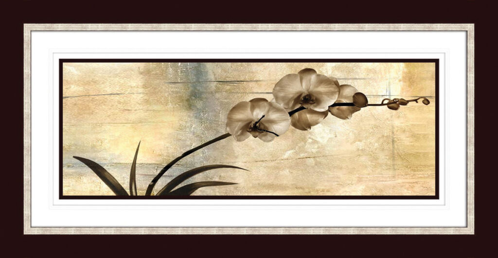 Elegant orchid floral artwork in neutral tones with Calisto frame.