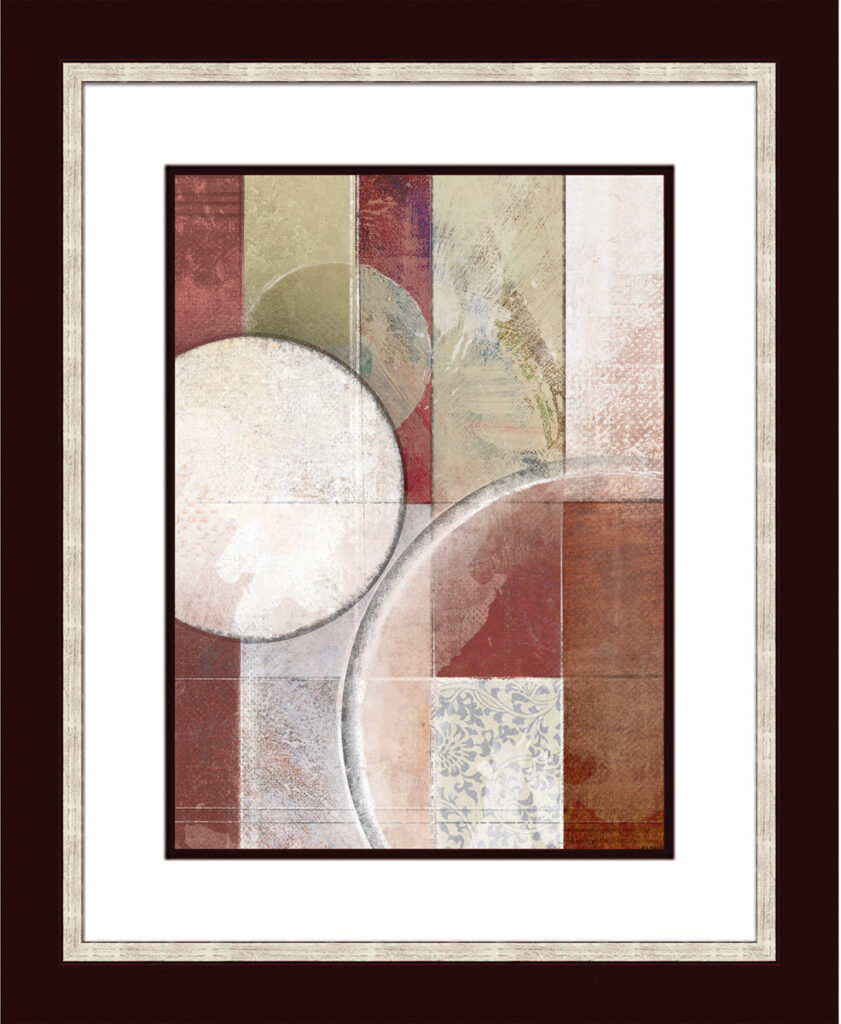 Elegant abstract artwork featuring circular angles in warm tones, framed with Calisto frame for mode.