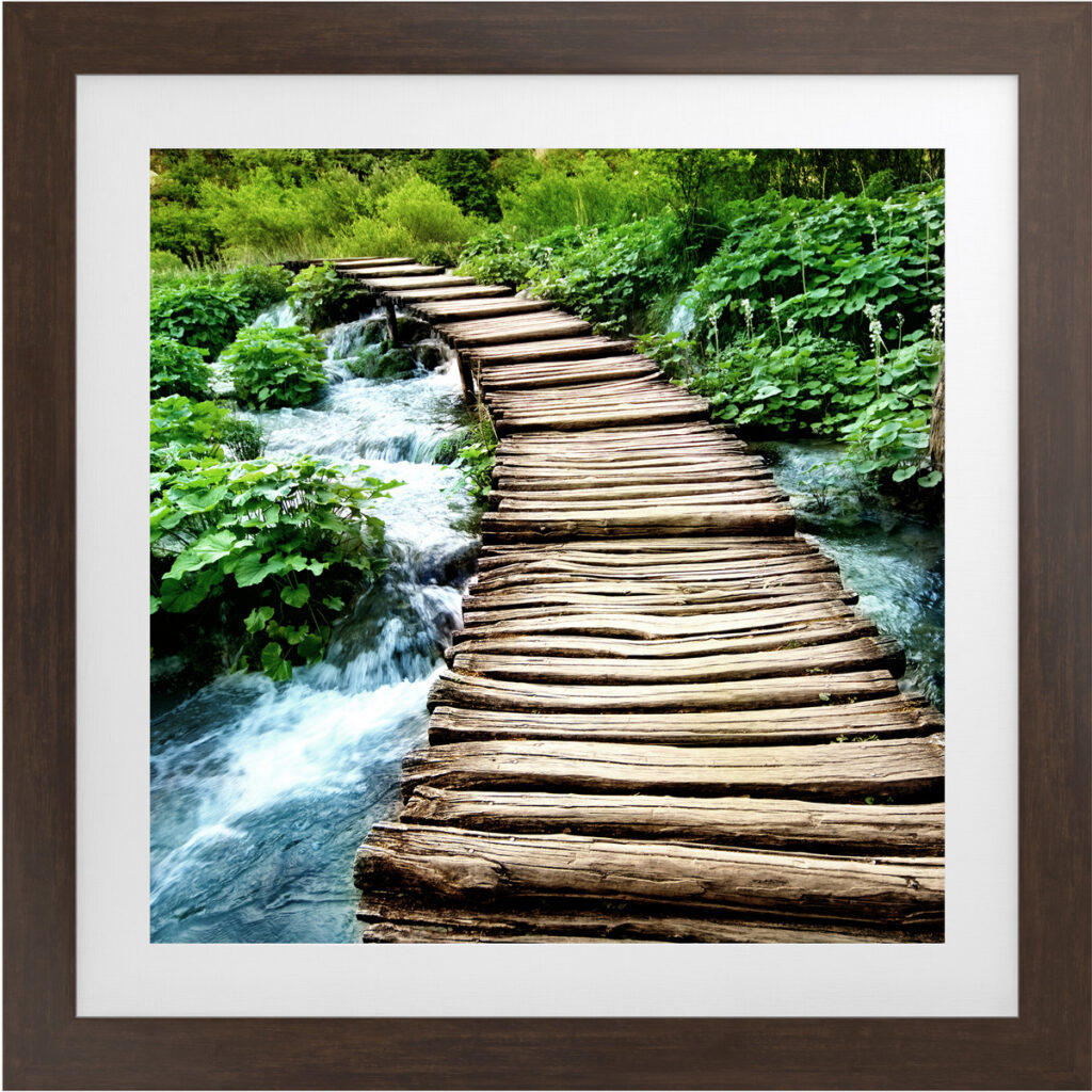 Wooden pathway over flowing stream surrounded by lush greenery, Terra II artwork.