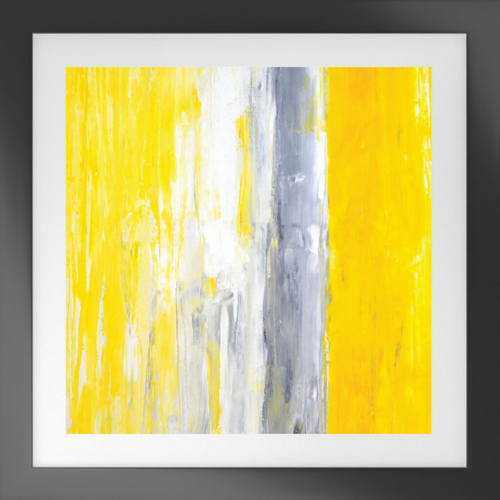 Bright yellow and gray abstract art in a square format with black frame.