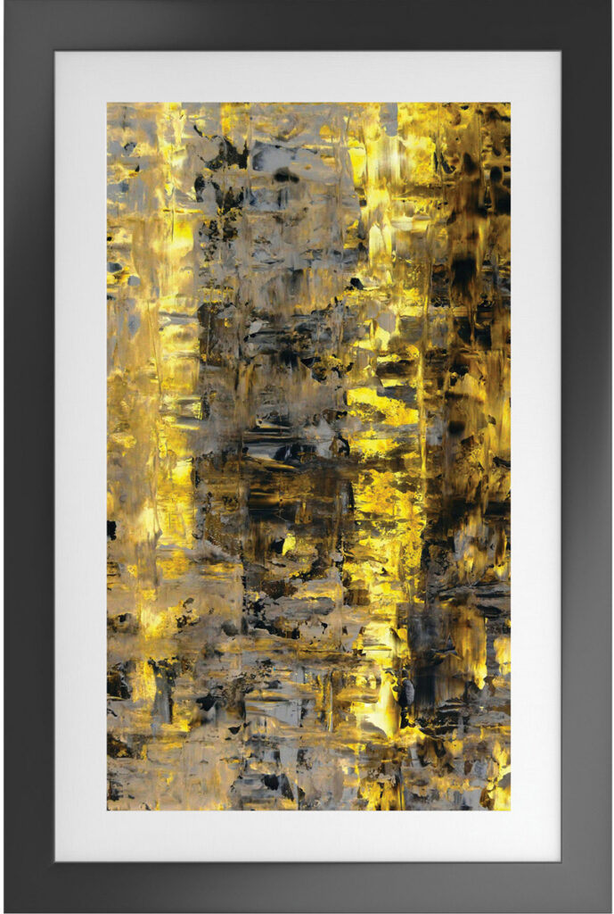 Lumos IV abstract artwork in gold, black, and gray with black frame, perfect for modern interior dec.