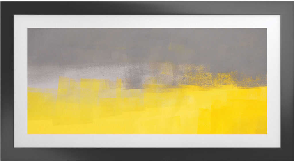Elegant Lumos VI 45-inch artwork featuring abstract yellow and gray design with sleek black frame.