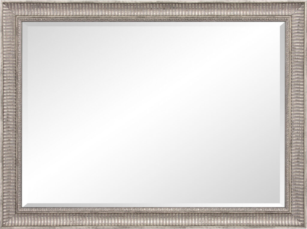 Elegant silver beveled vanity mirror for bathroom or bedroom decor.