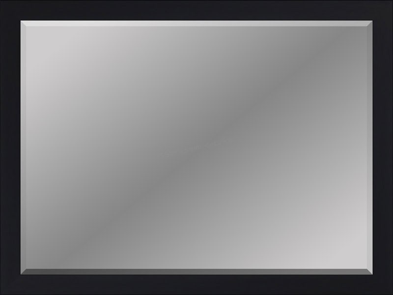 Black beveled vanity mirror with sleek frame, ideal for modern bathrooms.