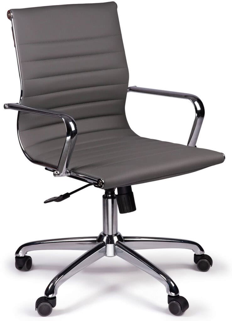 Gray mid-back office chair with armrests, ergonomic design, and adjustable height.