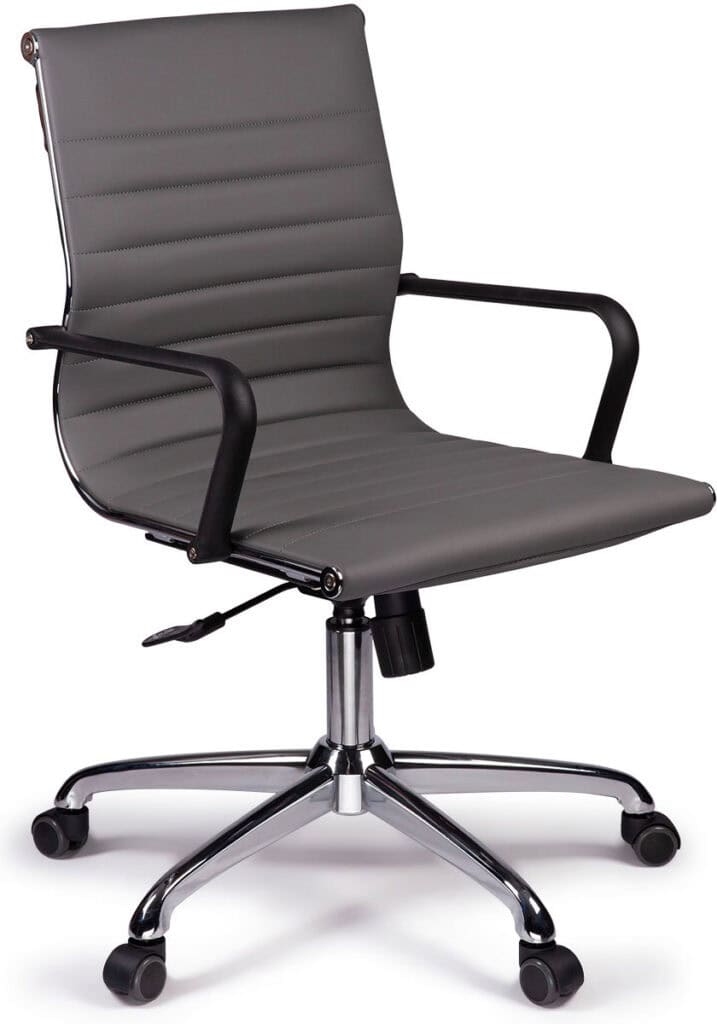 Office task chair with gray upholstery and armrests for ergonomic comfort.