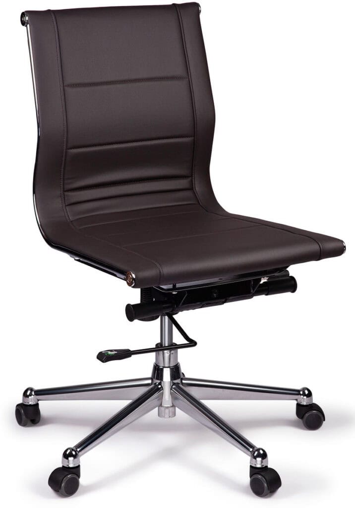 Office task chair with mid-back design, black leather upholstery, and ergonomic features.