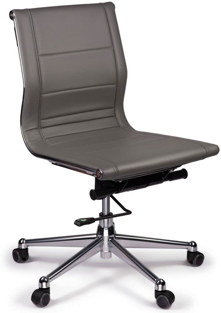 Office task chair with mid back support, gray leather upholstery, and adjustable height for ergonomi.