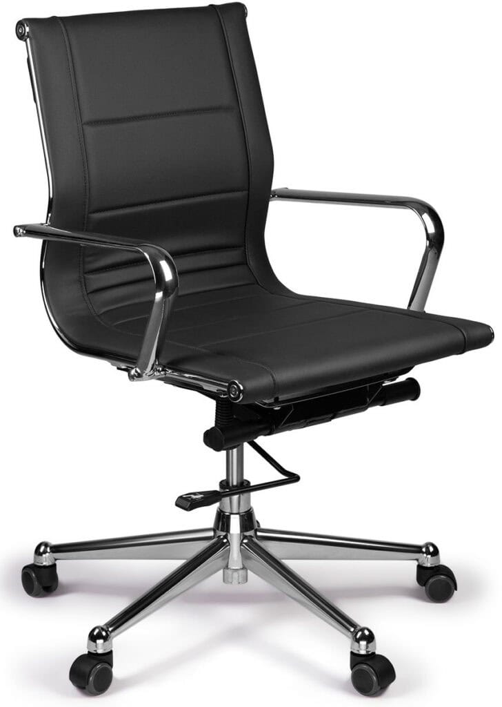 Black mid back office chair with armrests for ergonomic comfort.