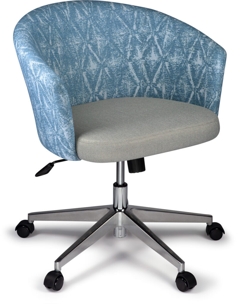 Twilight barrel-back task chair with patterned blue fabric and ergonomic design.