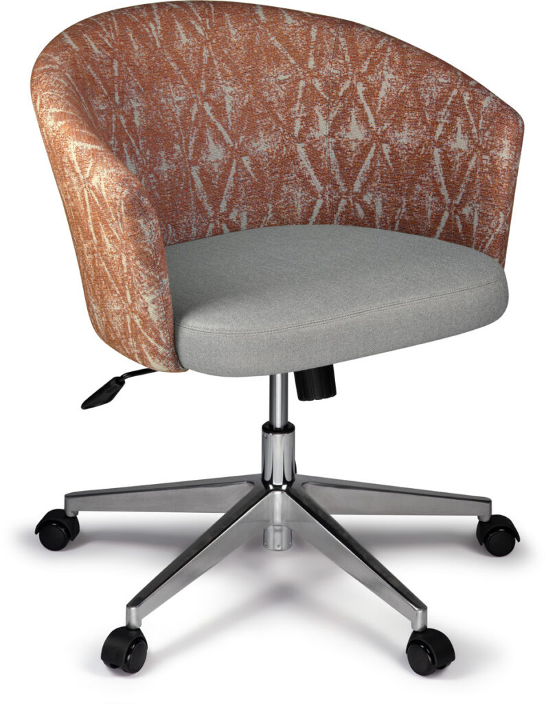 Comfortable barrel-back task chair with stylish fabric and adjustable height.