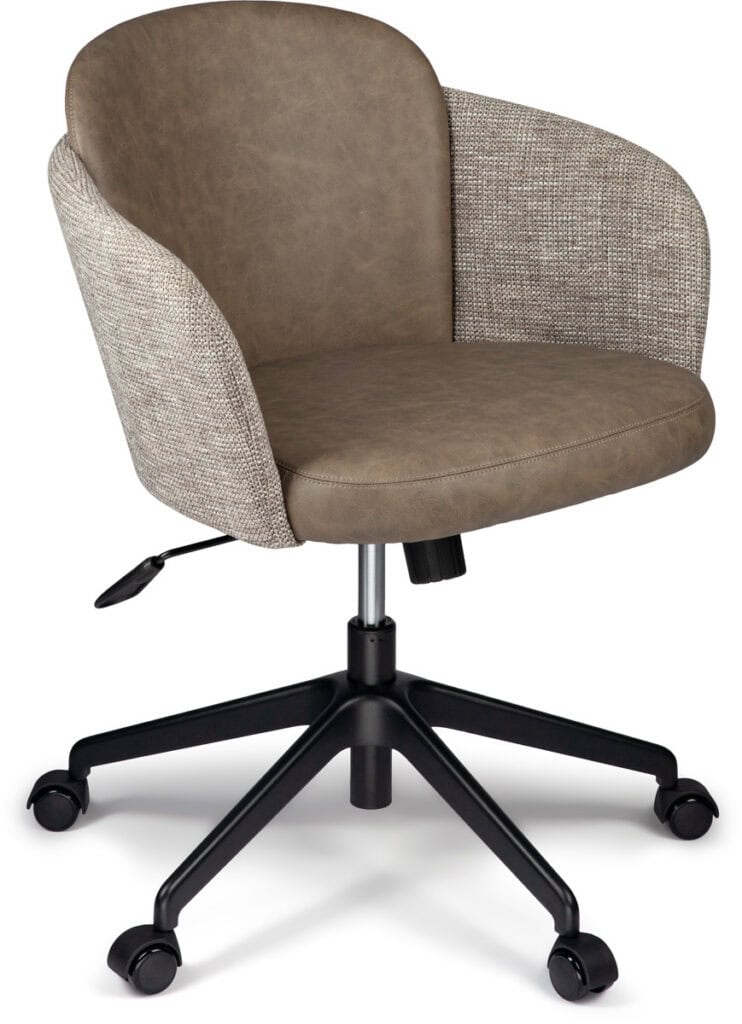 Upholstered tub chair with two-tone fabric and ergonomic design for office comfort.