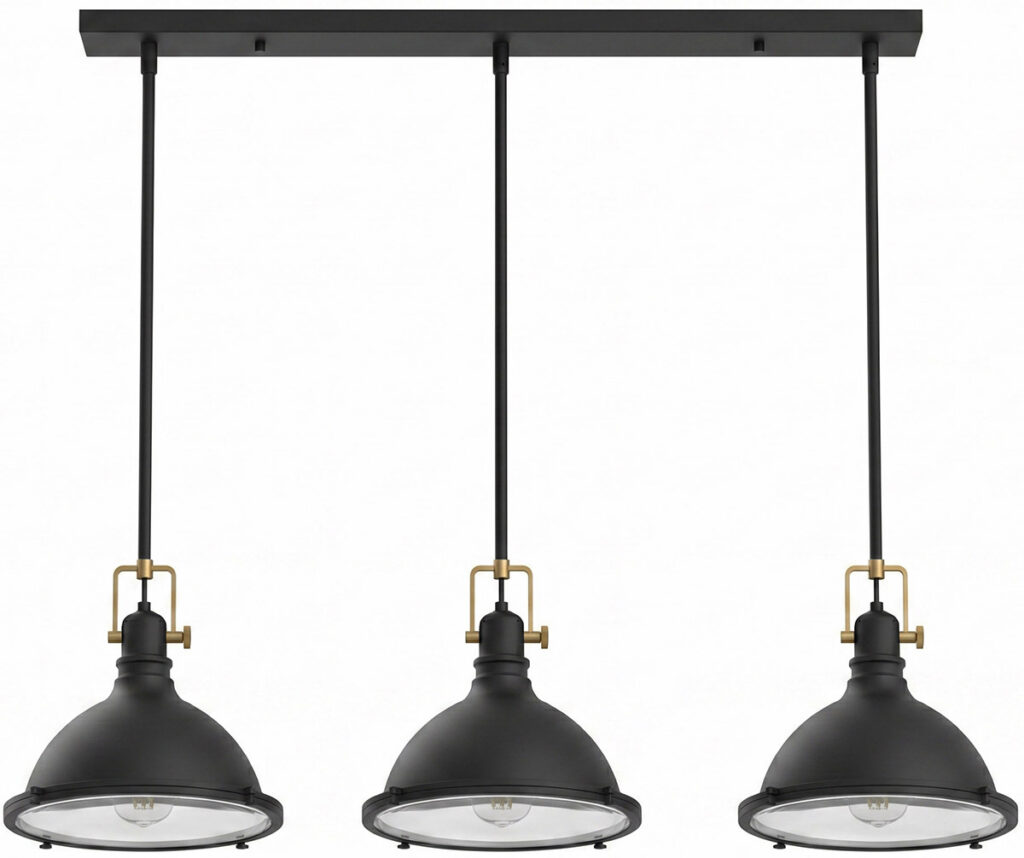 60" Matte Black 3-Light Industrial Pendant with Brass Details.